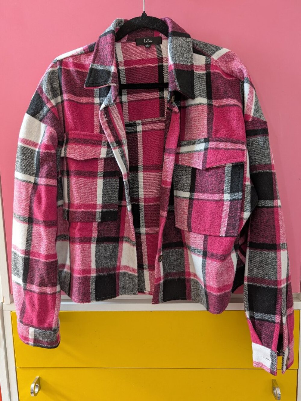 Lulus Hot Pink Black Buffalo Plaid Cropped Shacket Shirt Jacket Size M